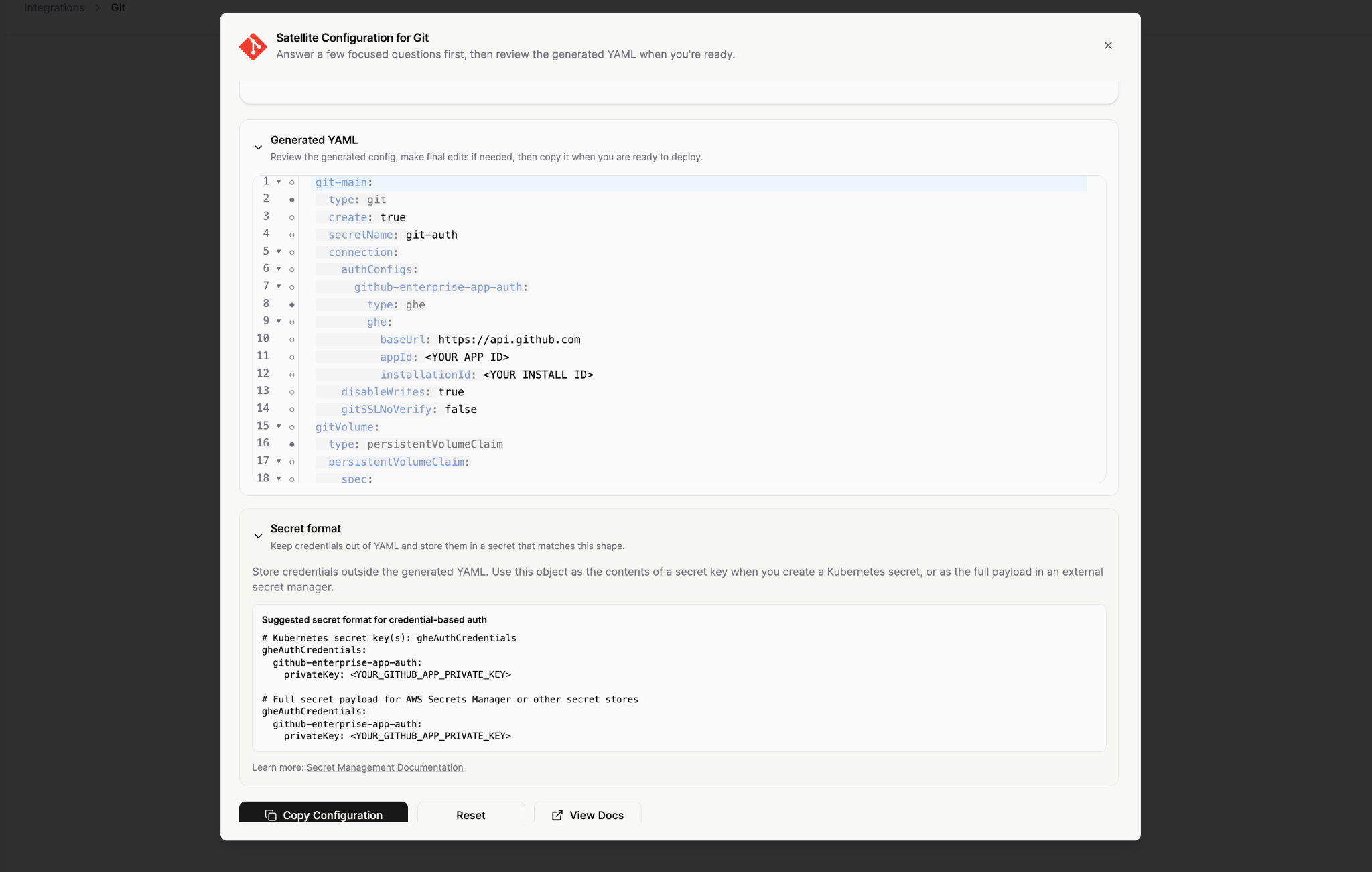 Generated YAML and suggested secret format