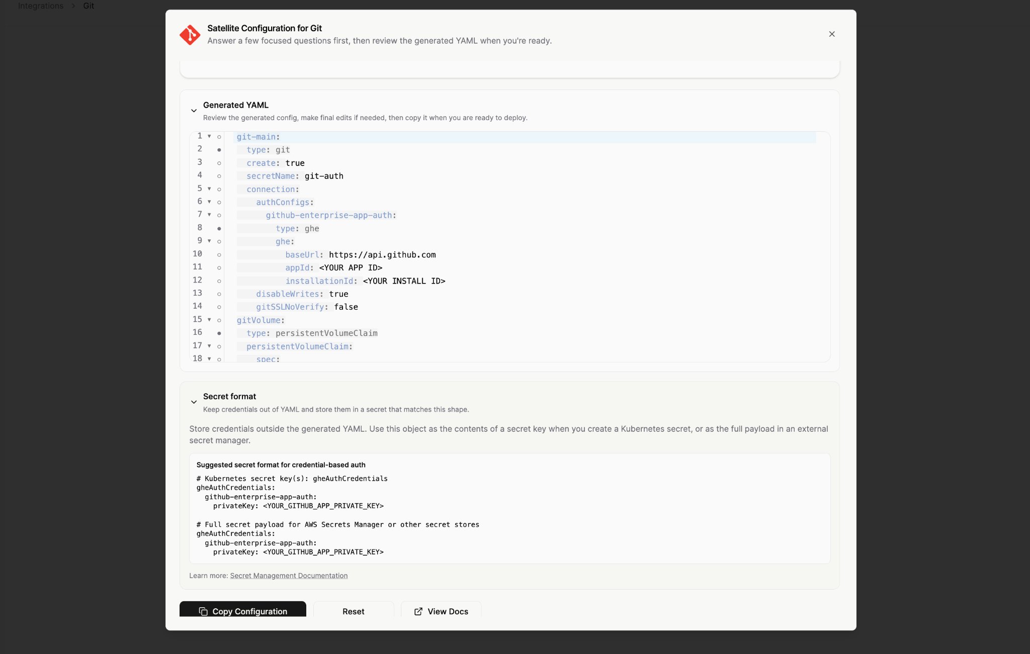 Generated YAML and suggested secret format