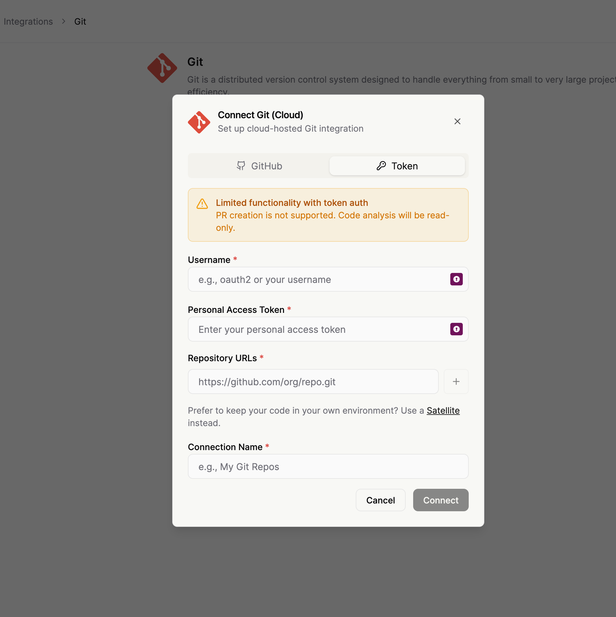 Configure token authentication for a cloud Git connection