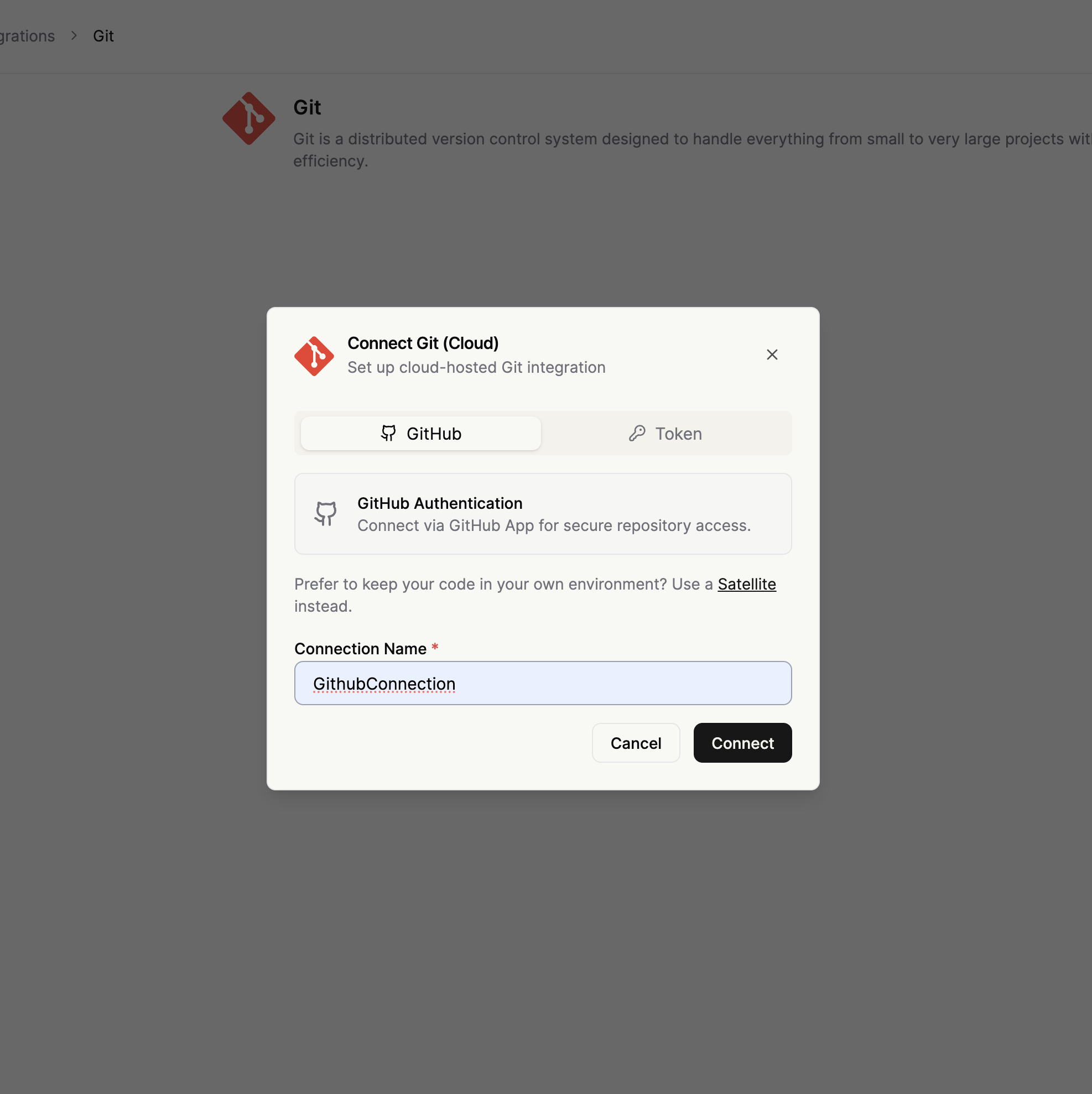 Configure a Git cloud connection with GitHub authentication
