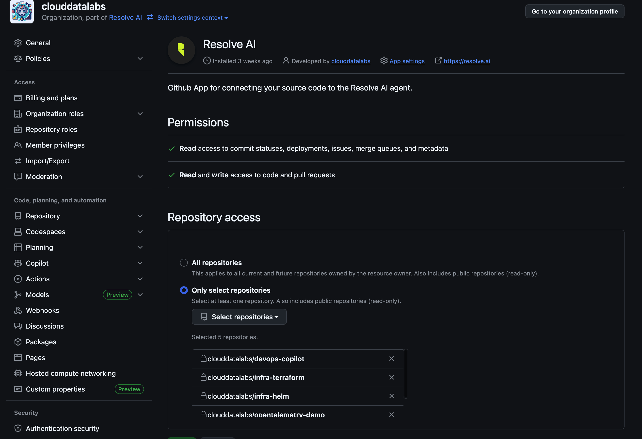 GitHub App configuration in Resolve AI