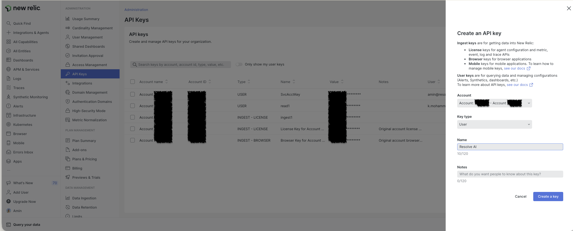 API Key creation in New Relic