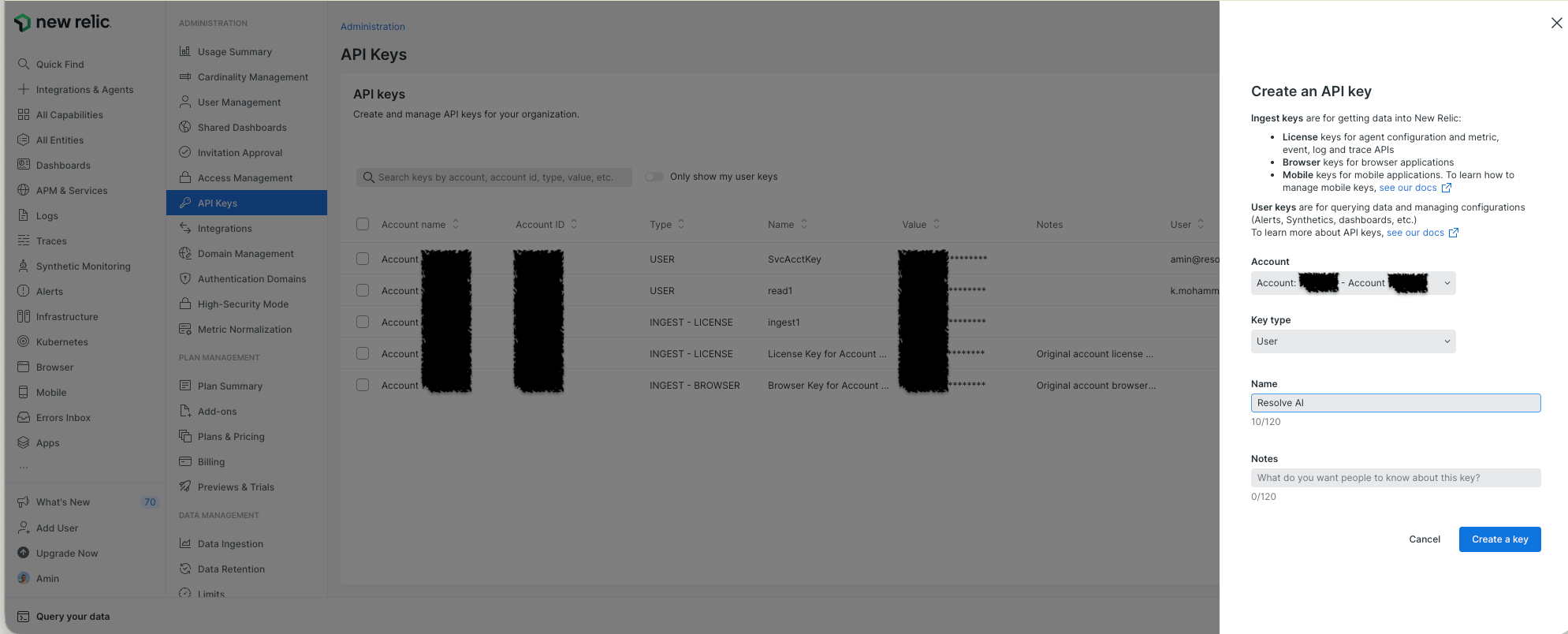 API Key creation in New Relic