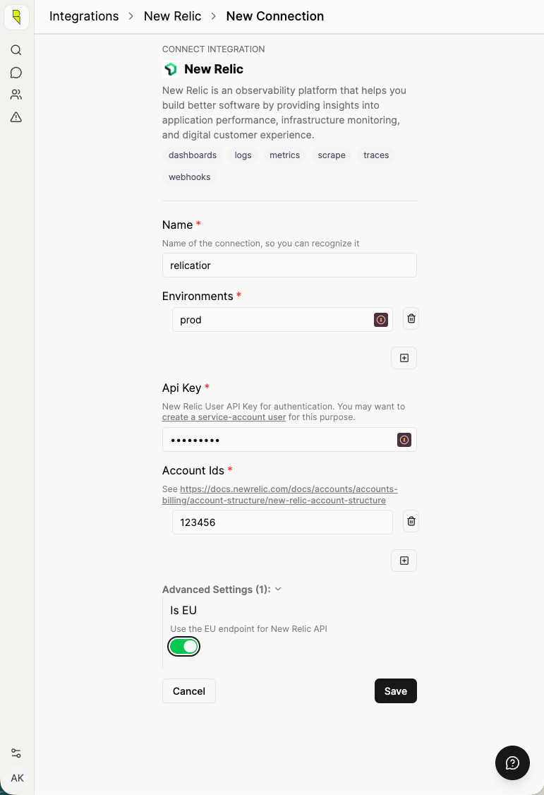 New Relic integration setup in Resolve