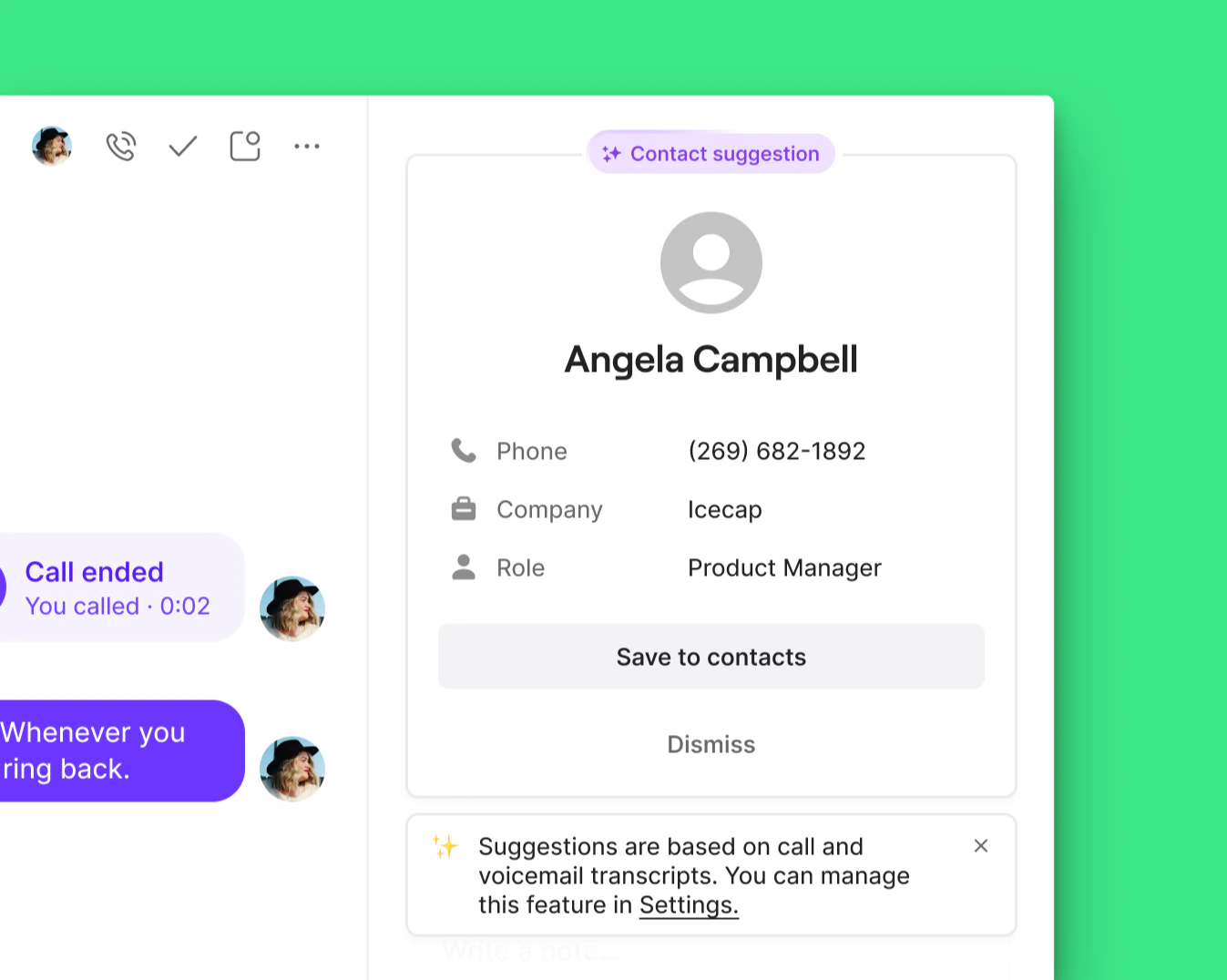 AI contact suggestion interface showing suggested contact details