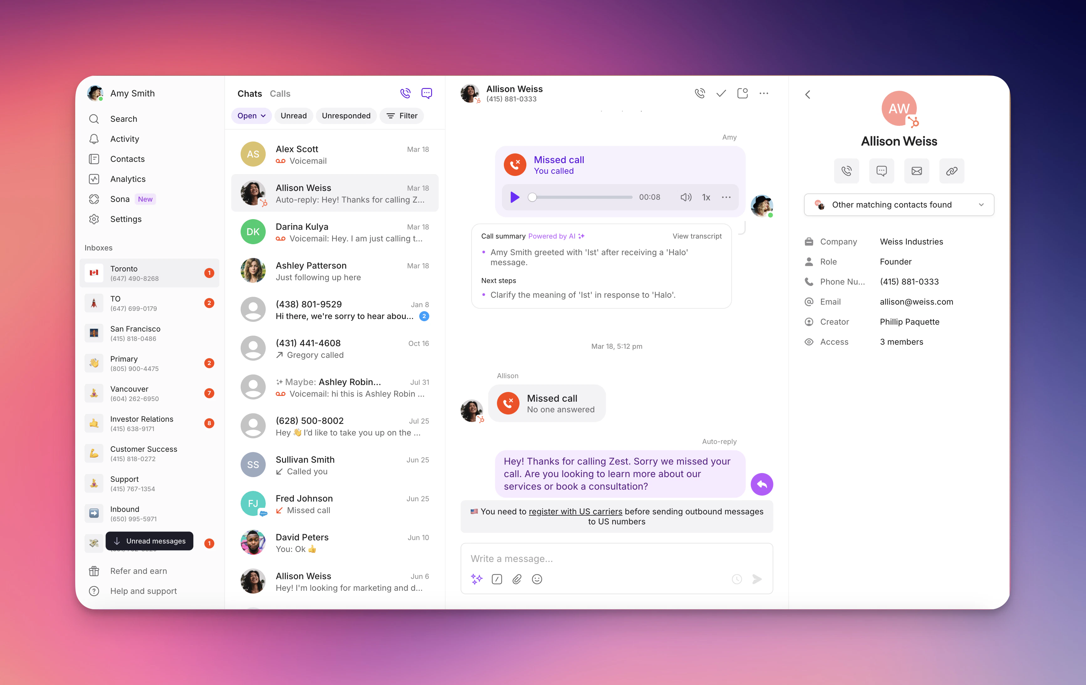 HubSpot contact details displayed in Quo