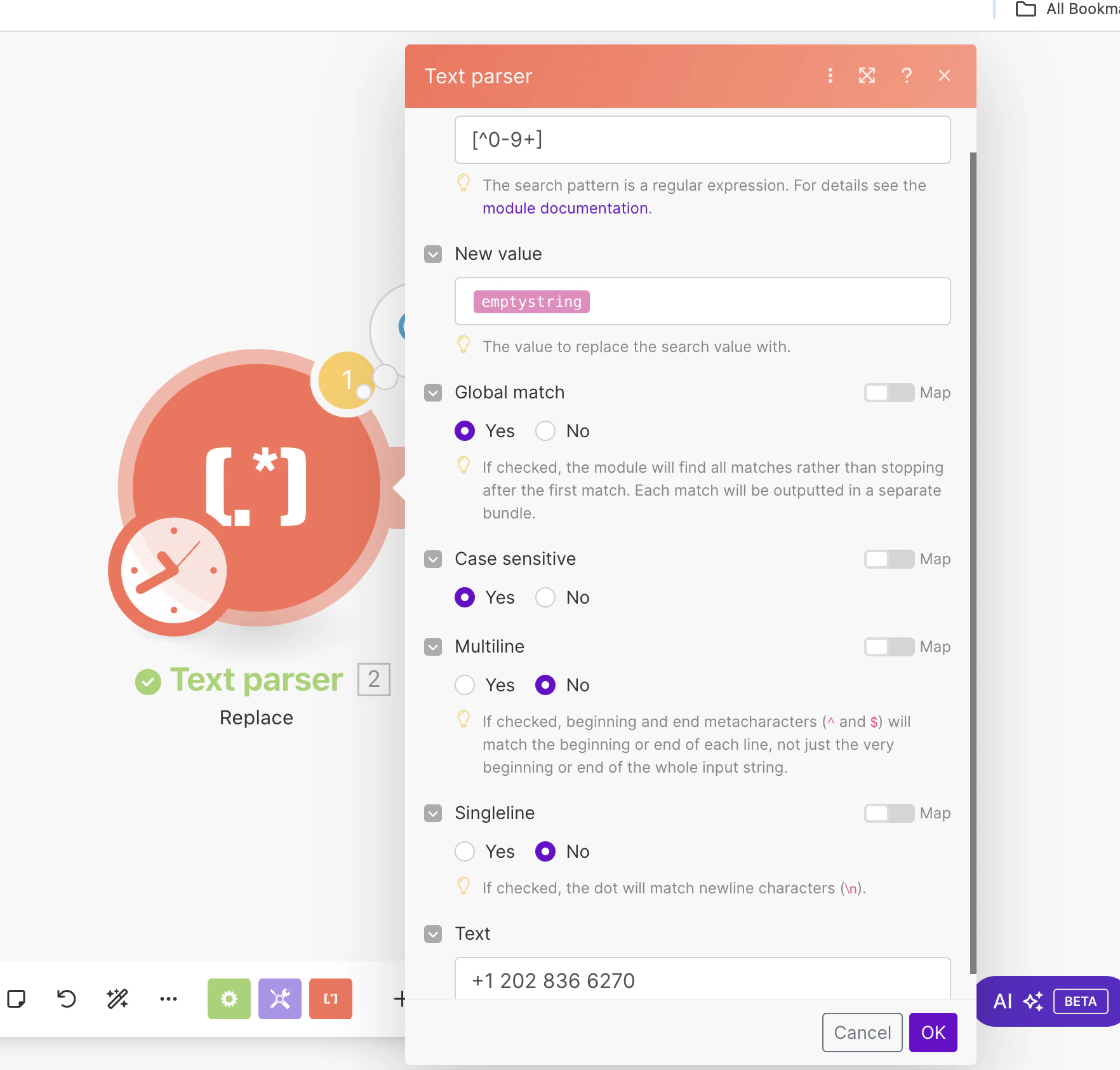 Text parser module for phone number formatting