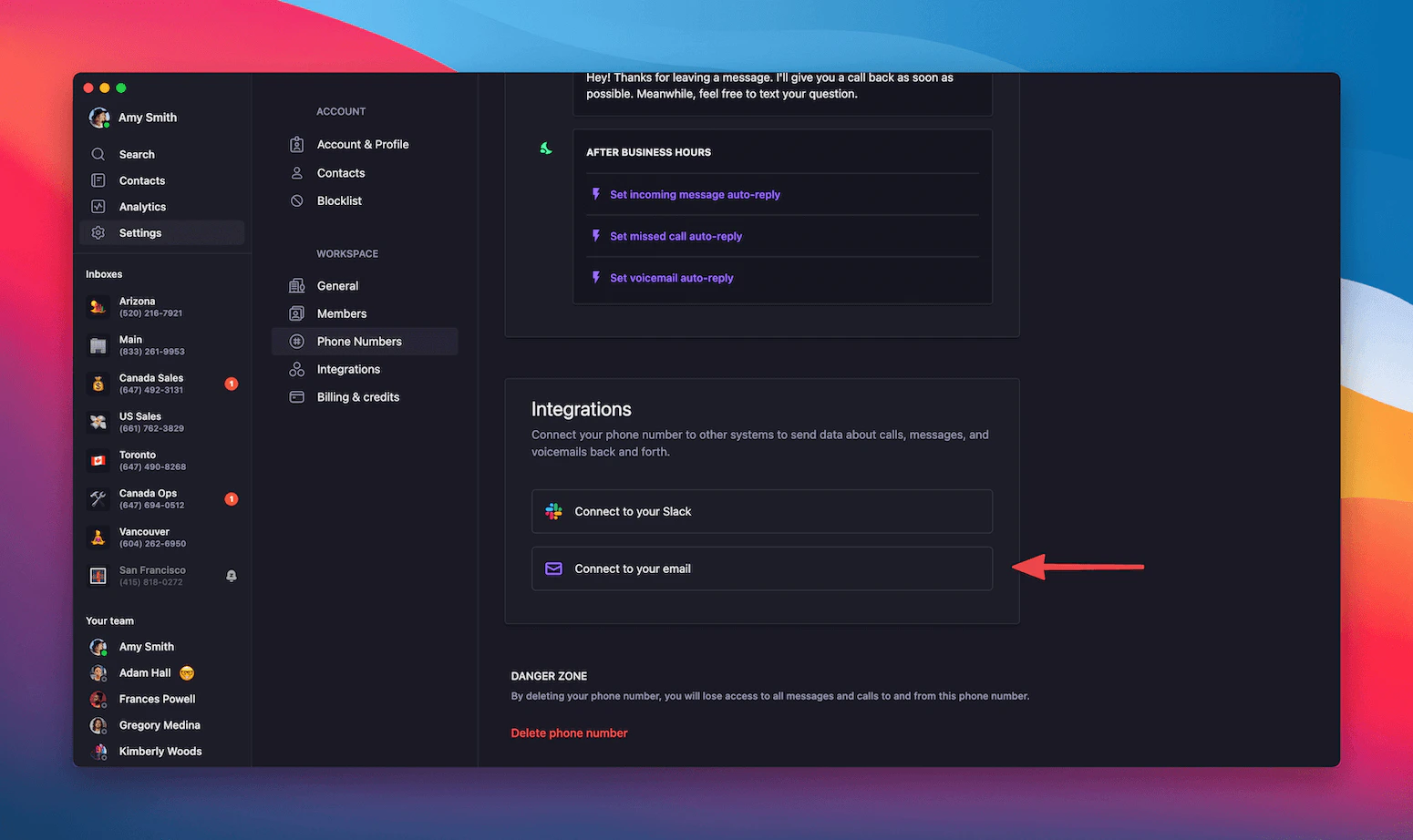 Email integration setup interface