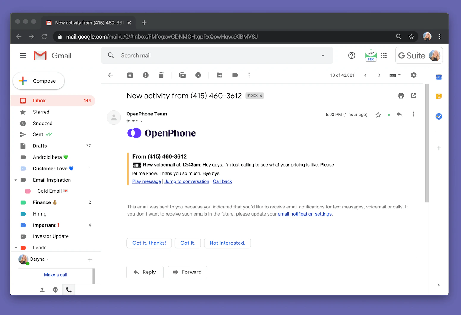 Example voicemail notification in Gmail inbox