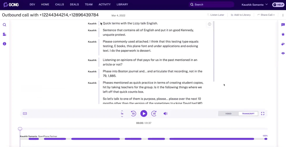 Call transcript analysis in Gong interface
