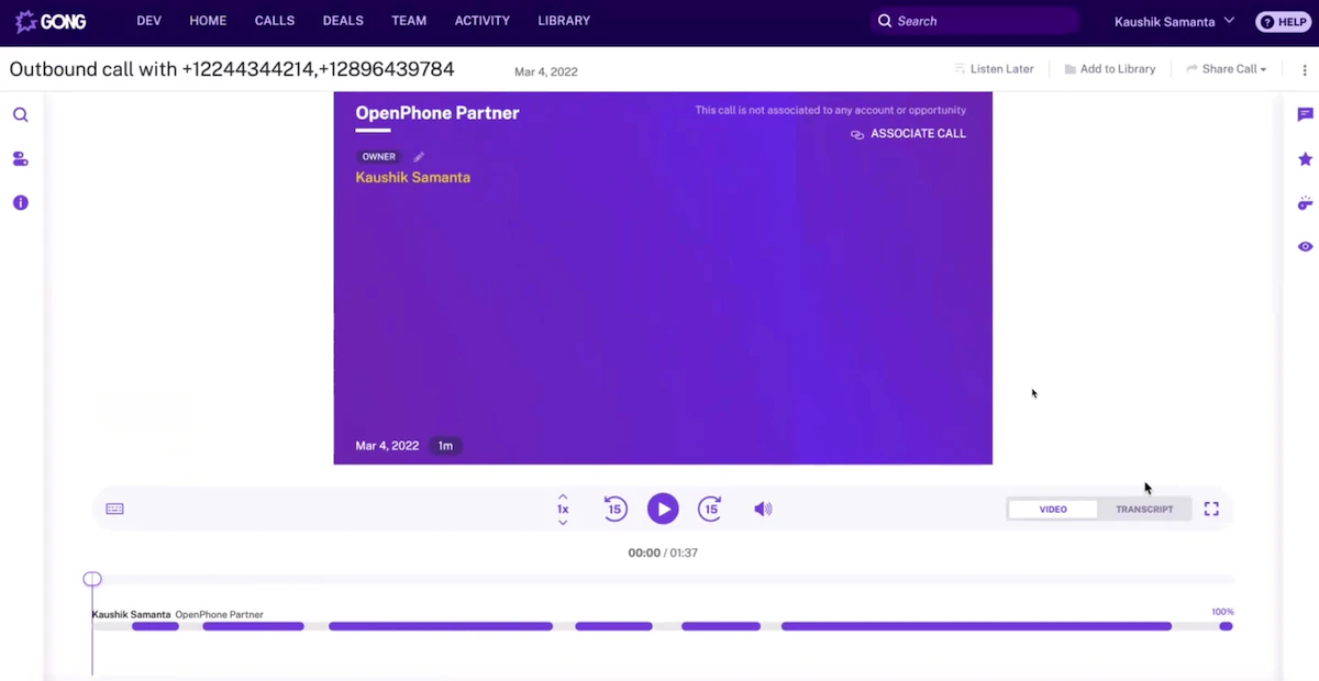 Call recording playback interface in Gong