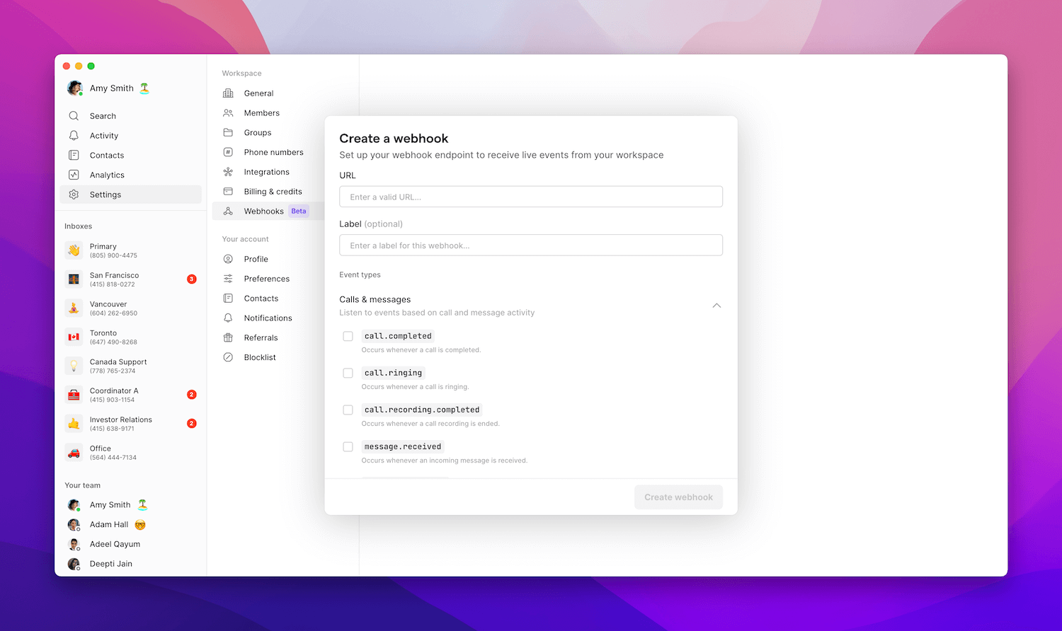 Webhook creation form in Quo settings