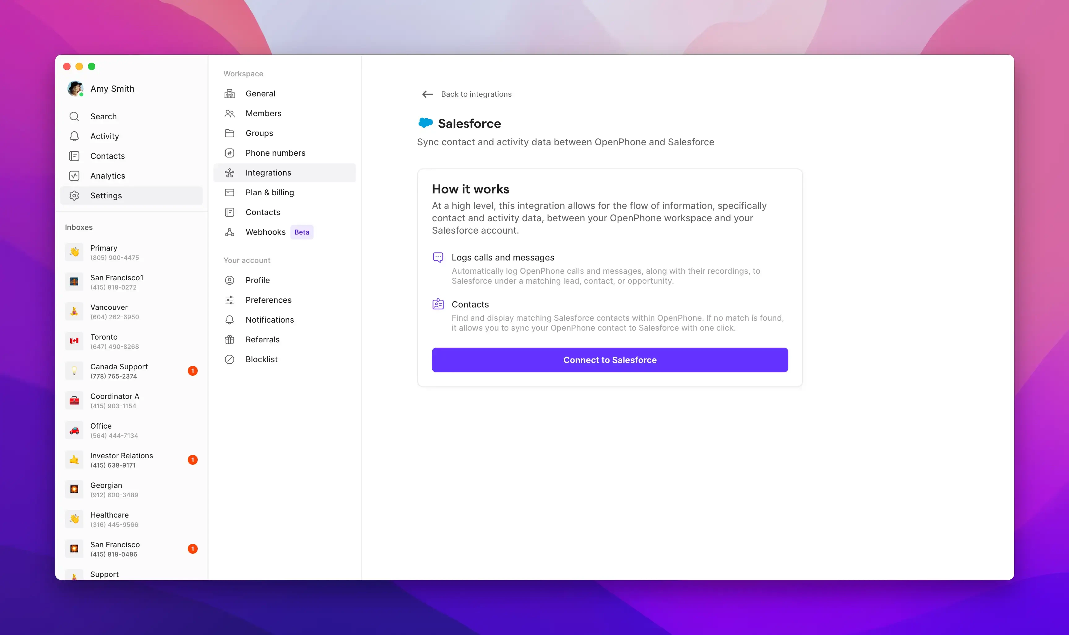 Salesforce integration connection interface