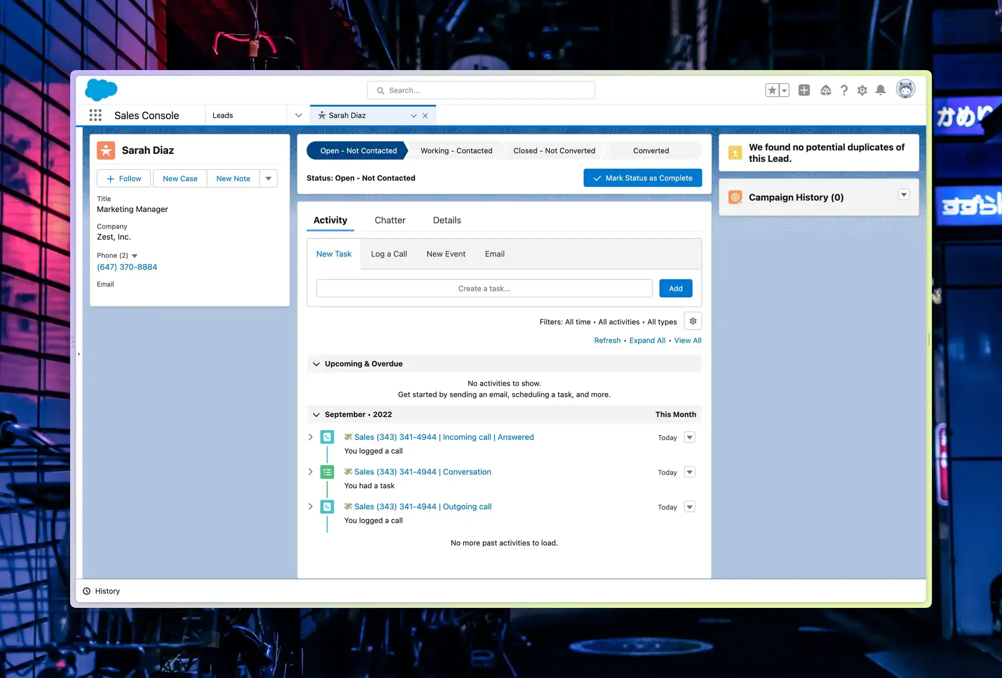Quo call logged in Salesforce