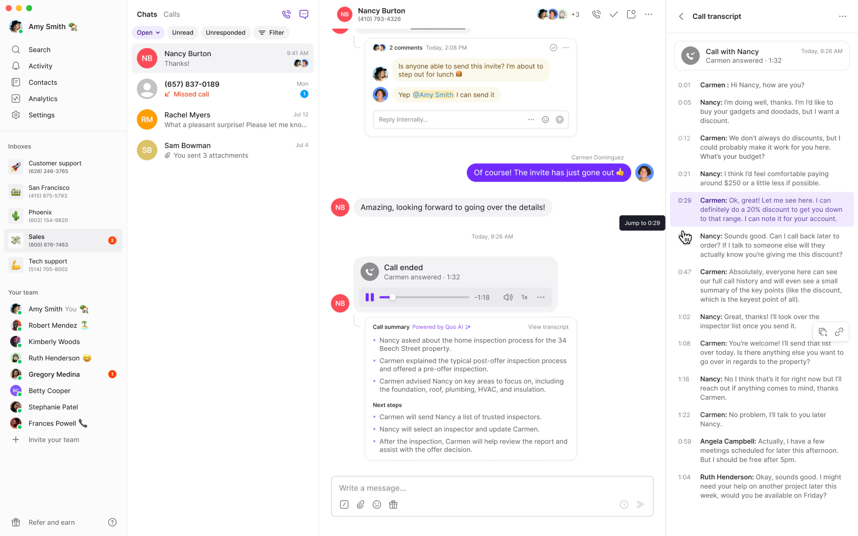 Call transcript and summary interface