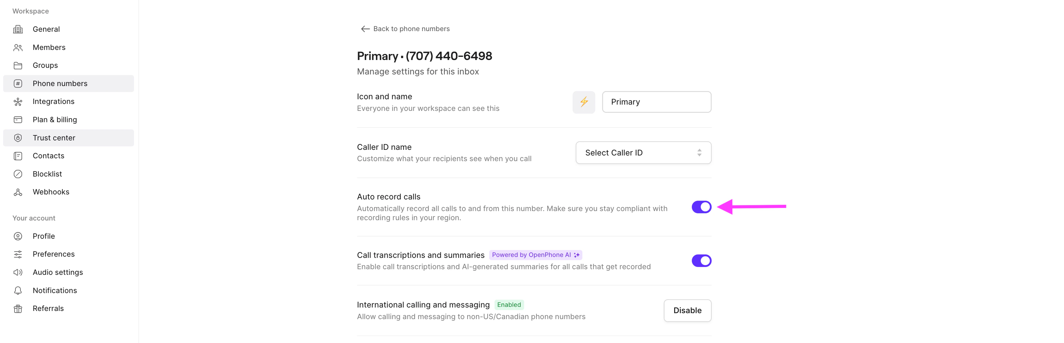 Auto-record calls setting interface