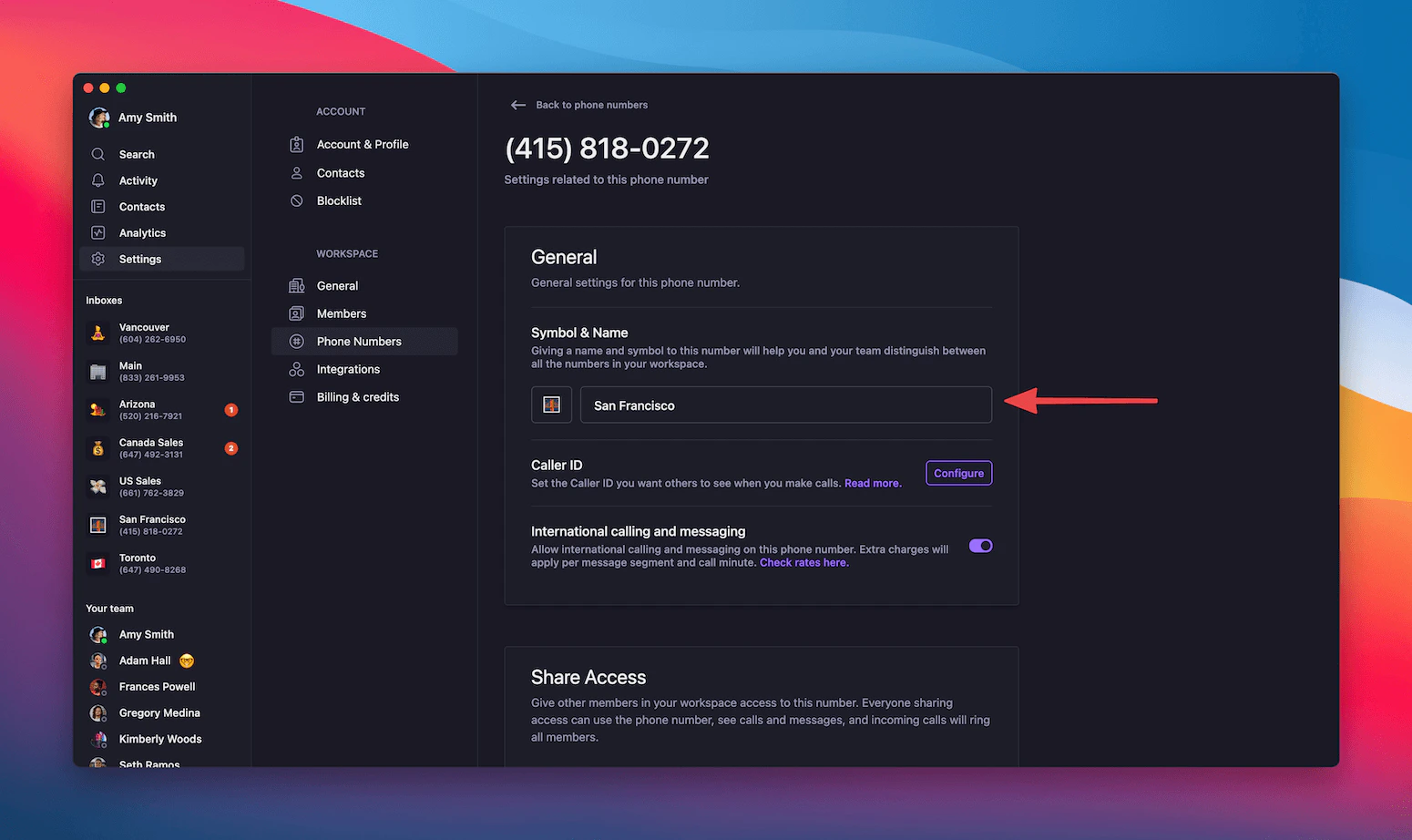 Adding custom name and emoji to phone number