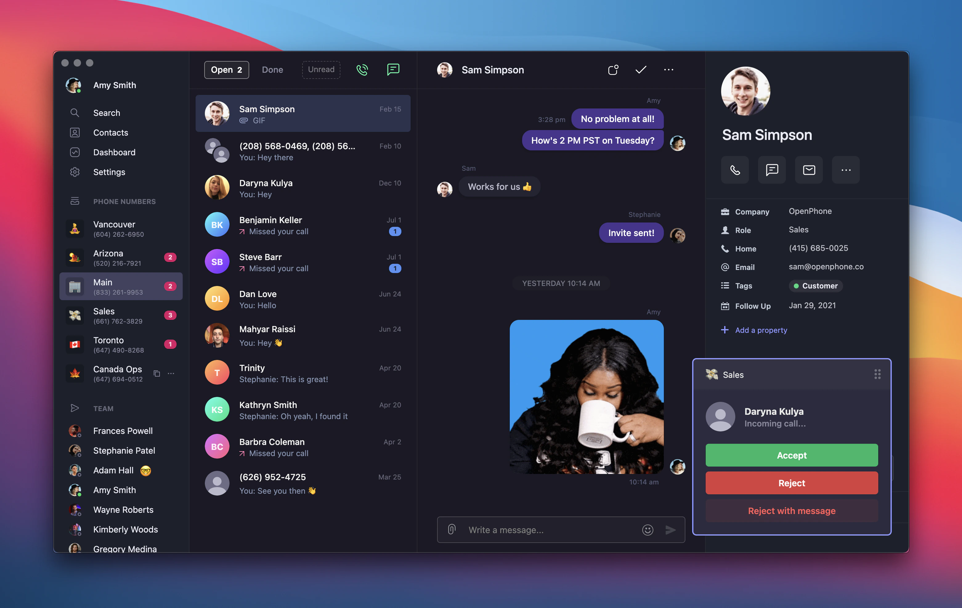 Incoming call notification on desktop