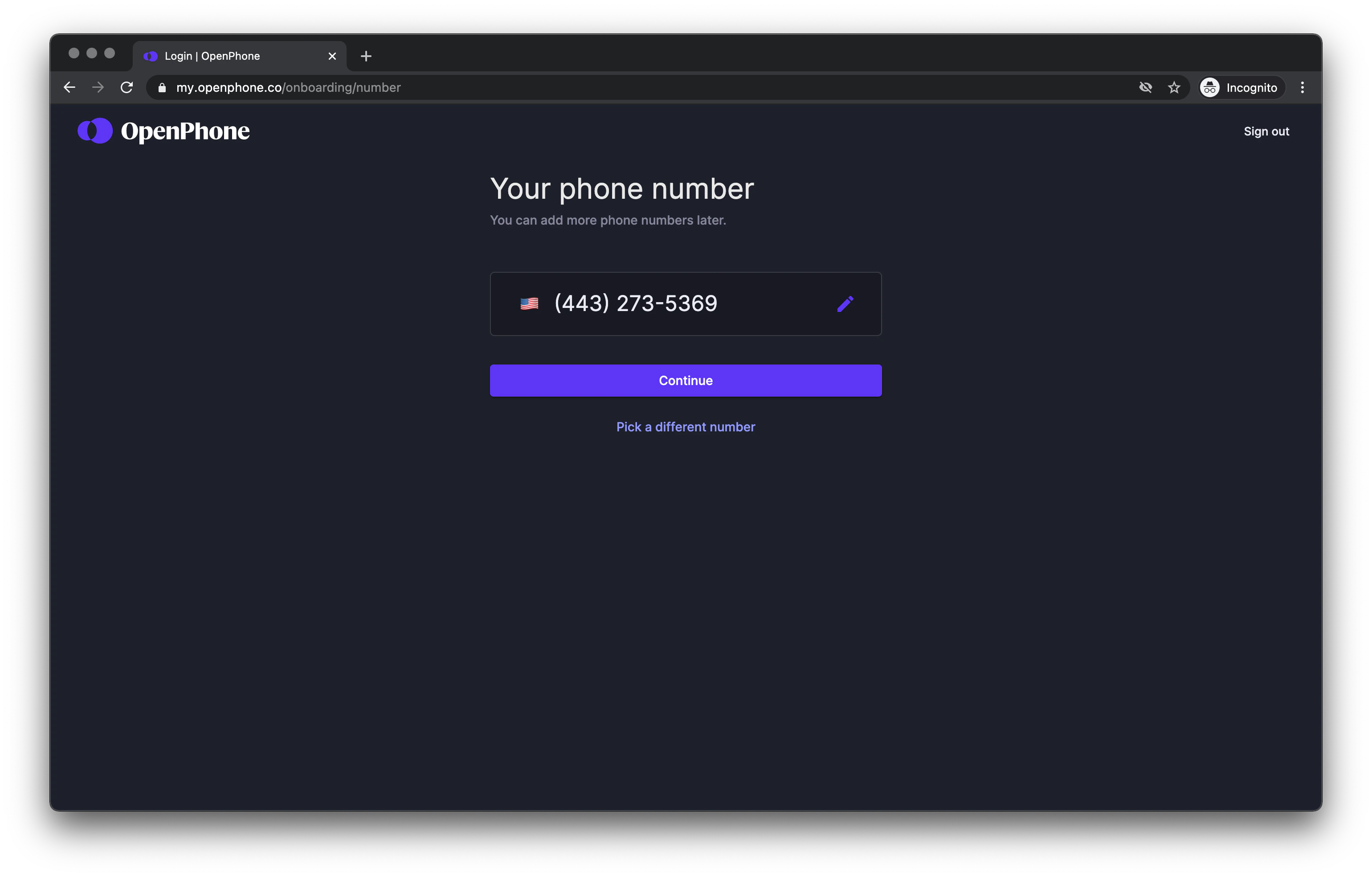 Pick your phone number screen