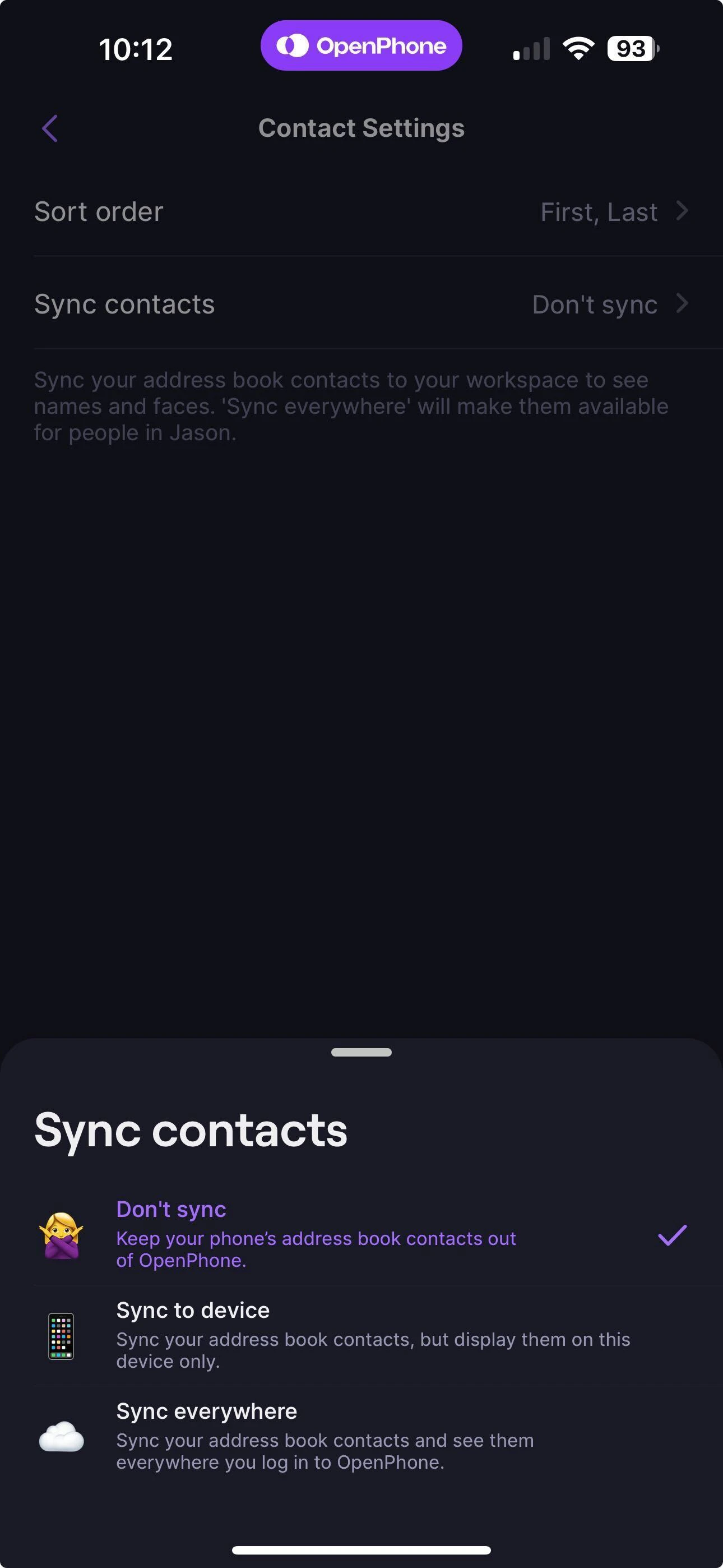 iOS contacts sync options