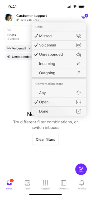 Call view filters on mobile
