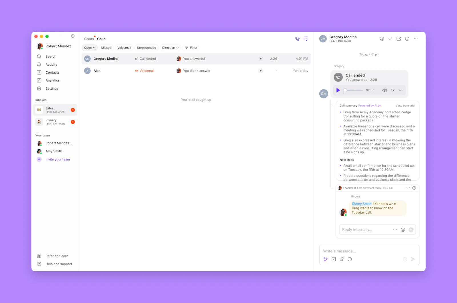 Call view action panel