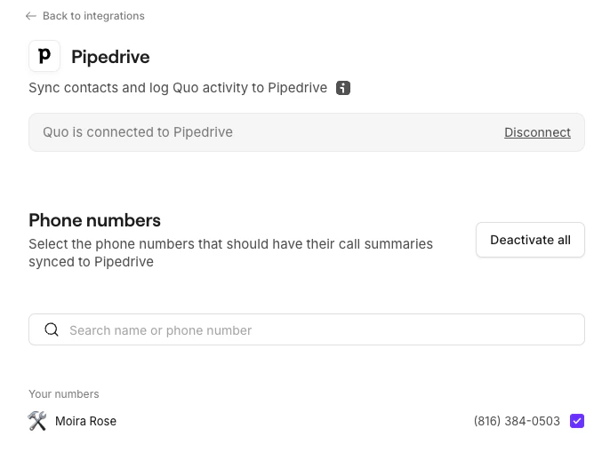 Choose numbers to sync in Pipedrive