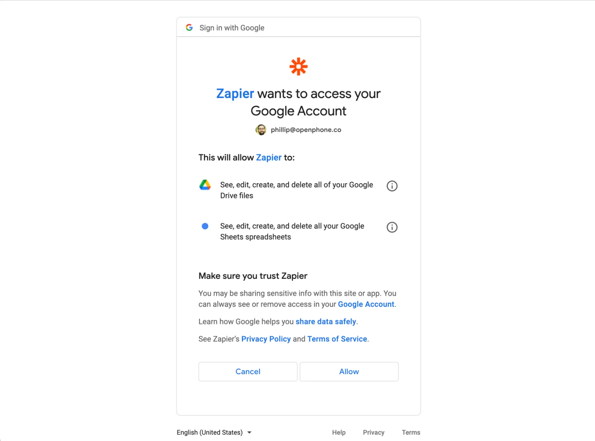 Zapier Google Access Pn