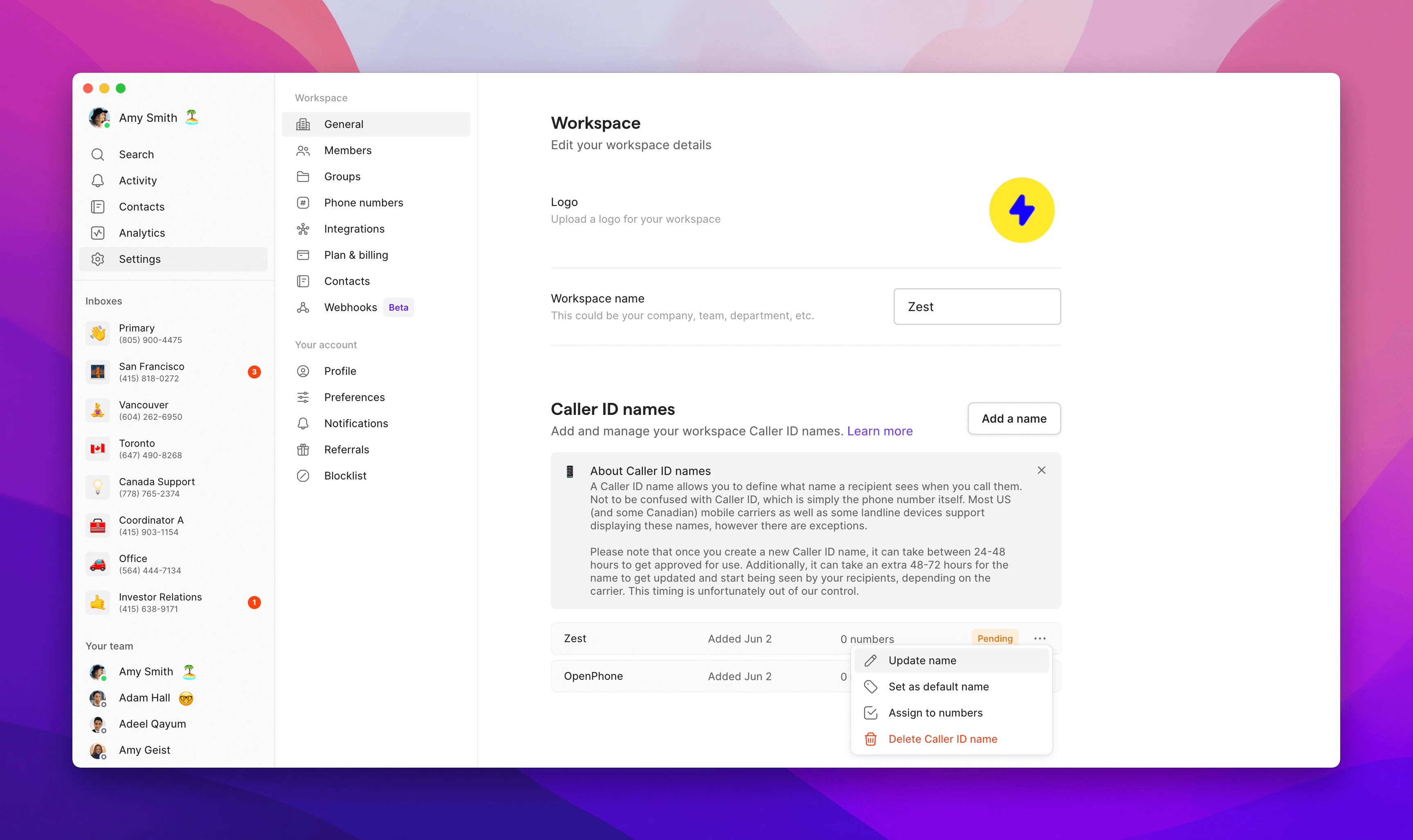Creating a caller ID name in workspace settings