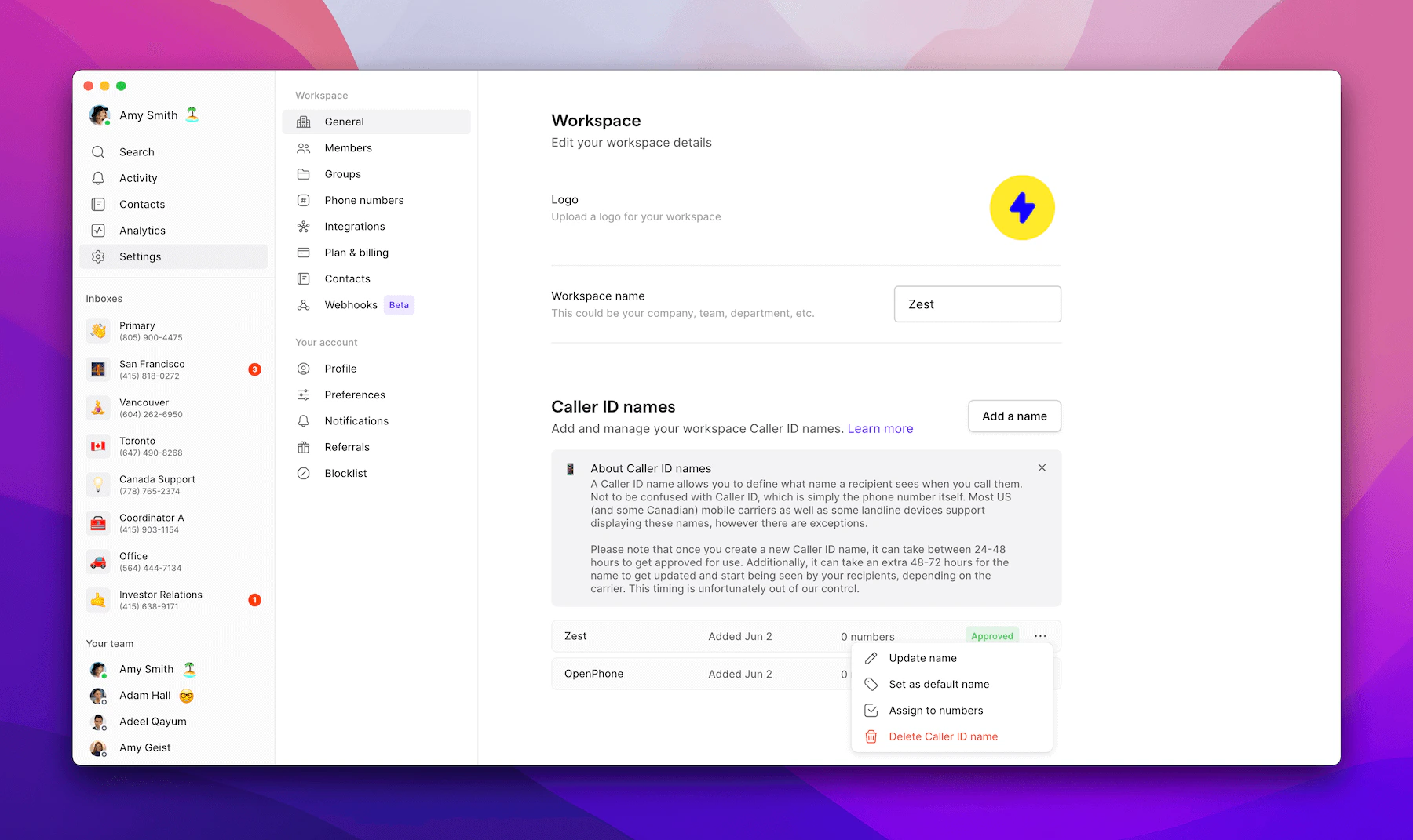Updating an existing caller ID name
