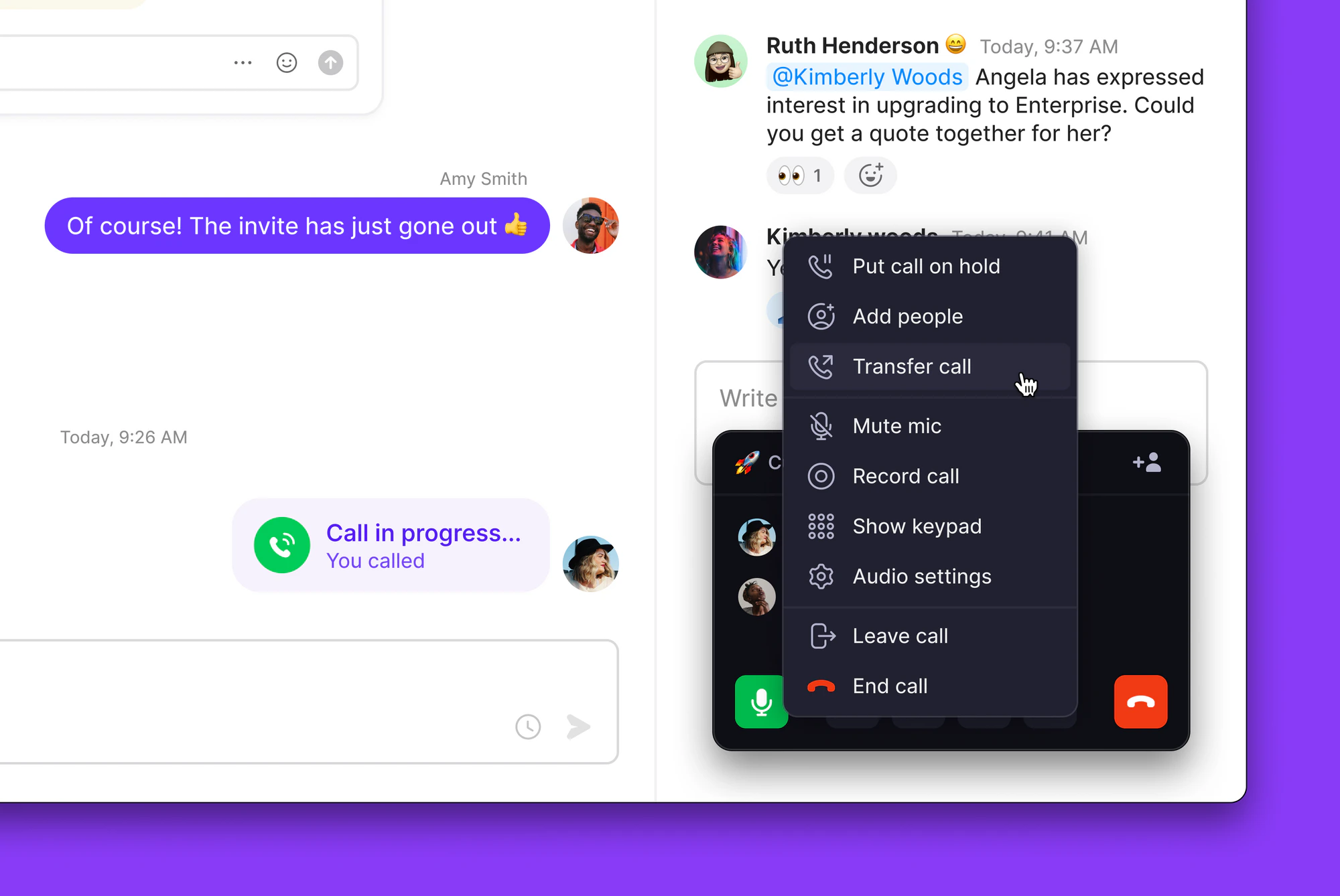 Call transfer menu on desktop