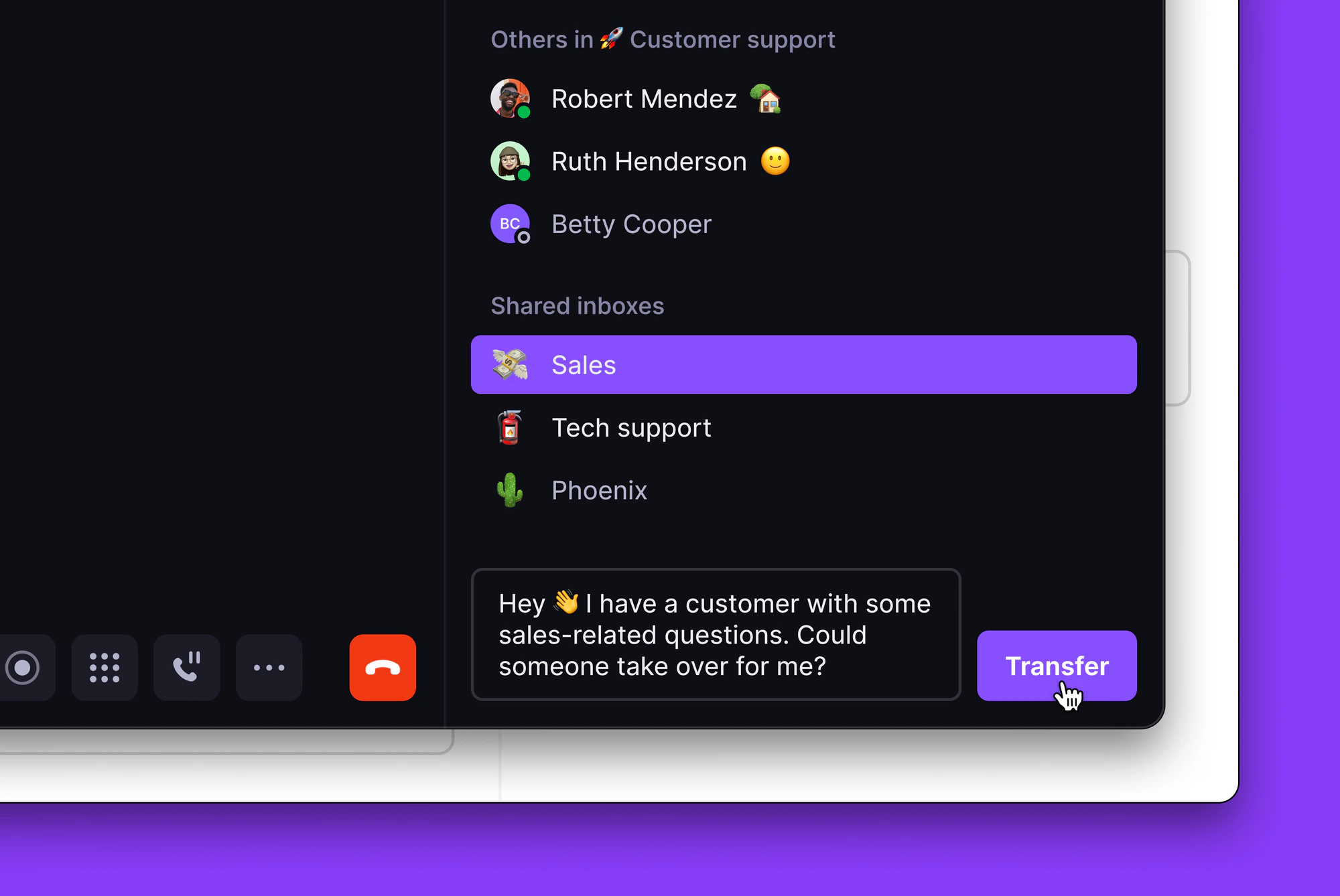 Transfer interface showing note option