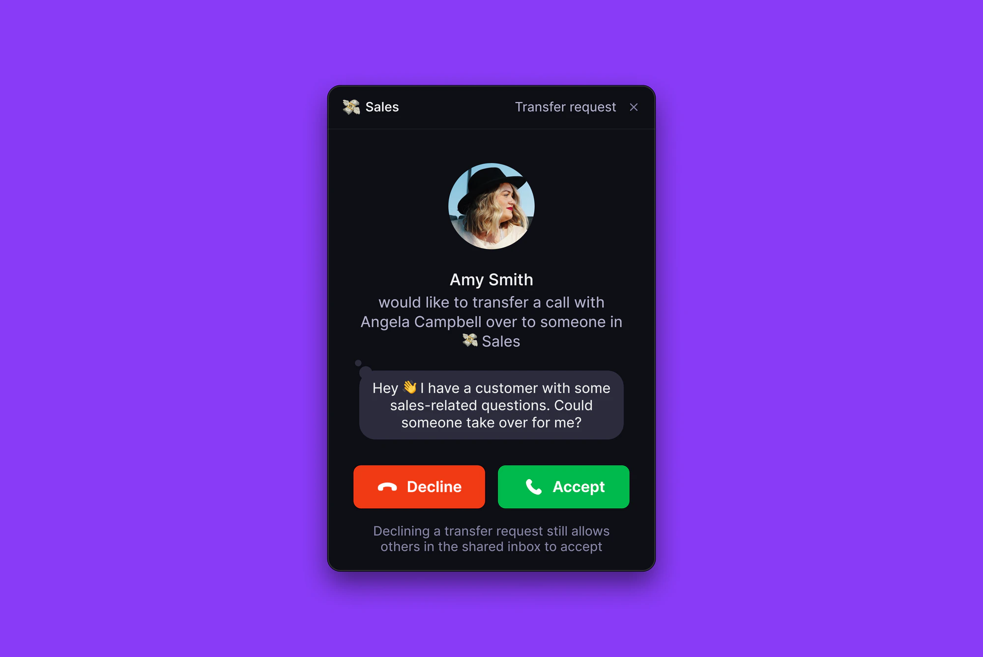 Transfer note appearing with incoming call