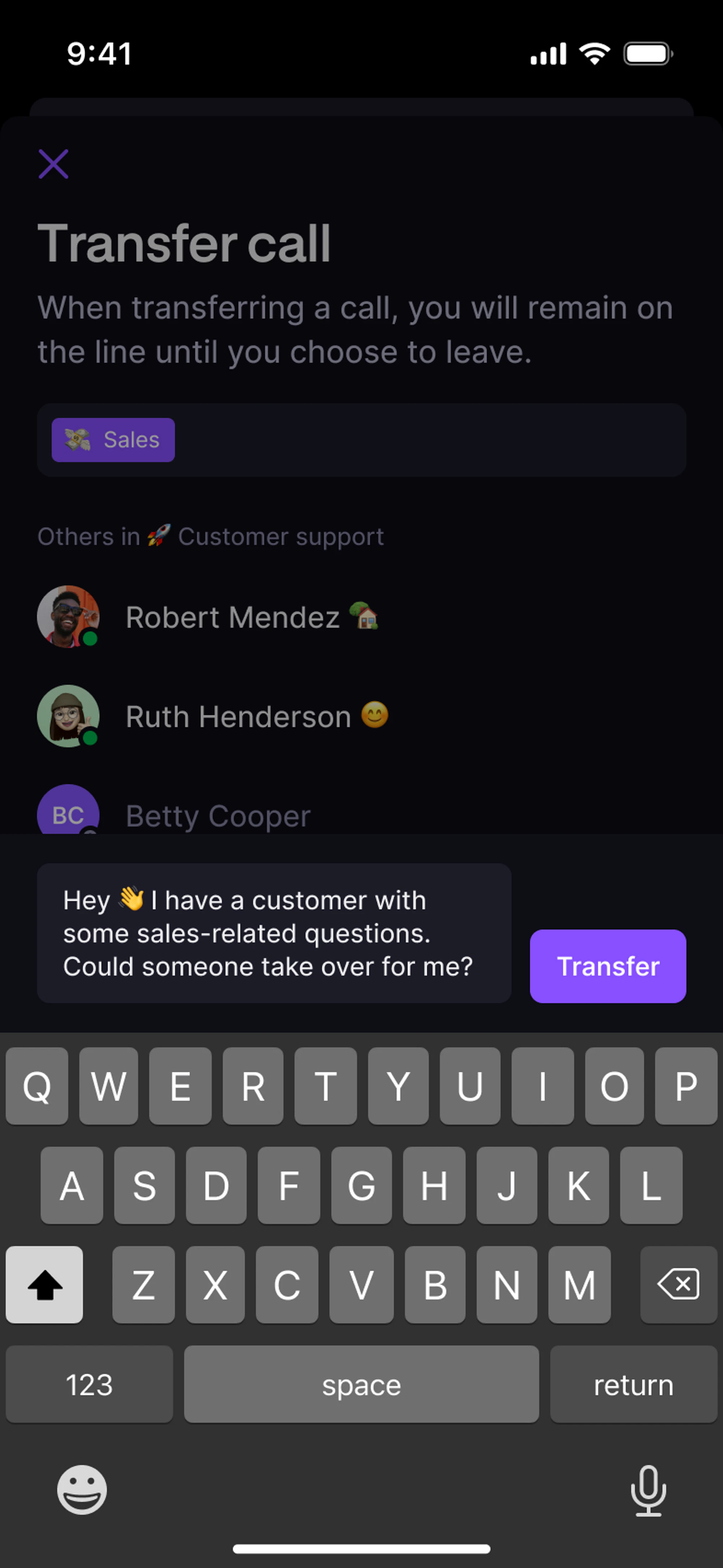 Transfer options on mobile interface