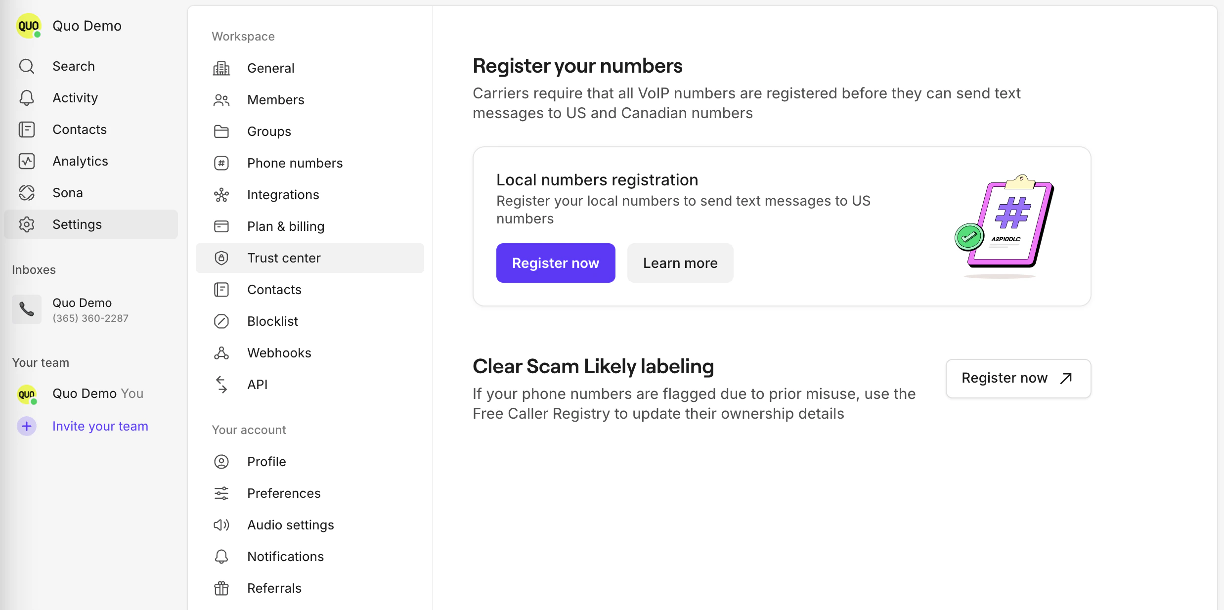 Trust Center screen showing the "Register now" button
