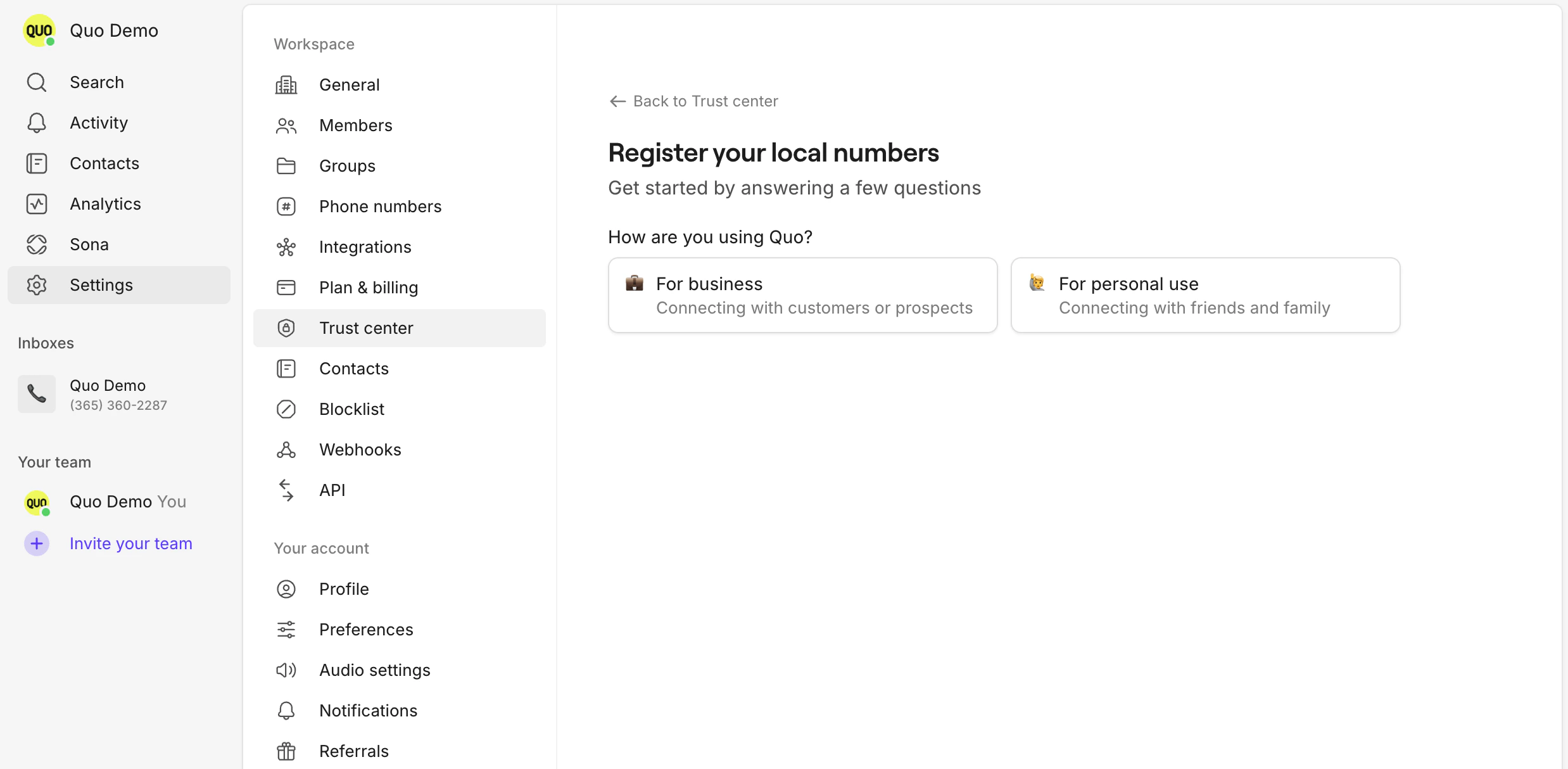 "For business" option selected in registration flow