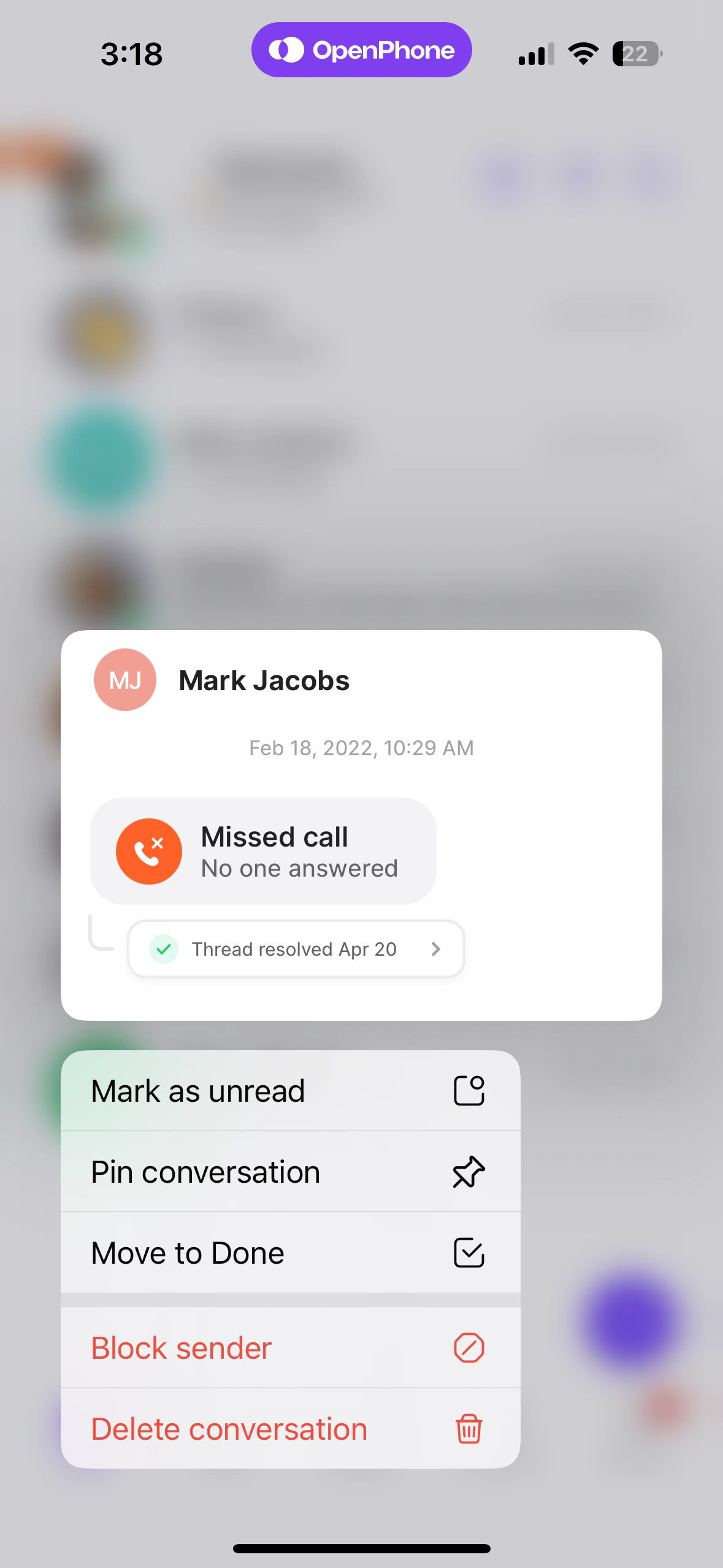 Block sender menu in iOS Quo app
