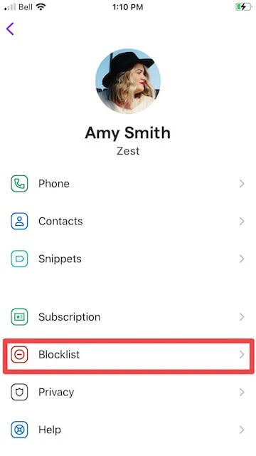 Blocklist interface showing blocked contacts