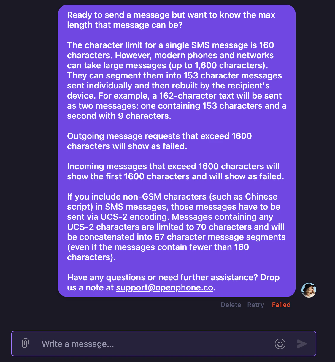 Failed message due to character limit