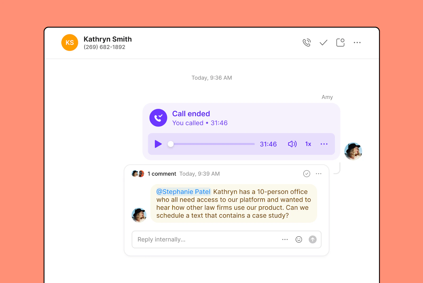 Internal thread interface showing team collaboration