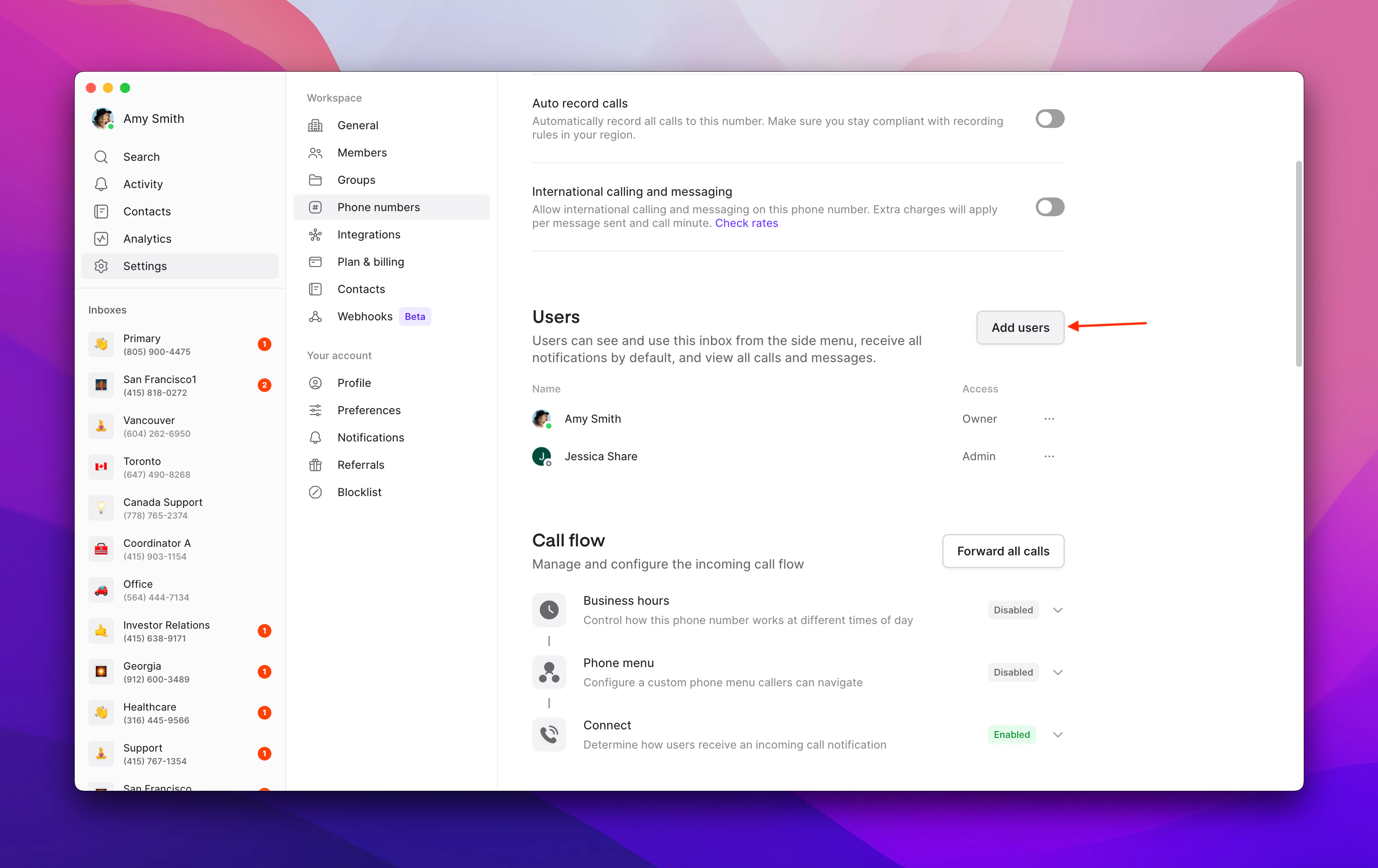 Adding users to phone number in settings