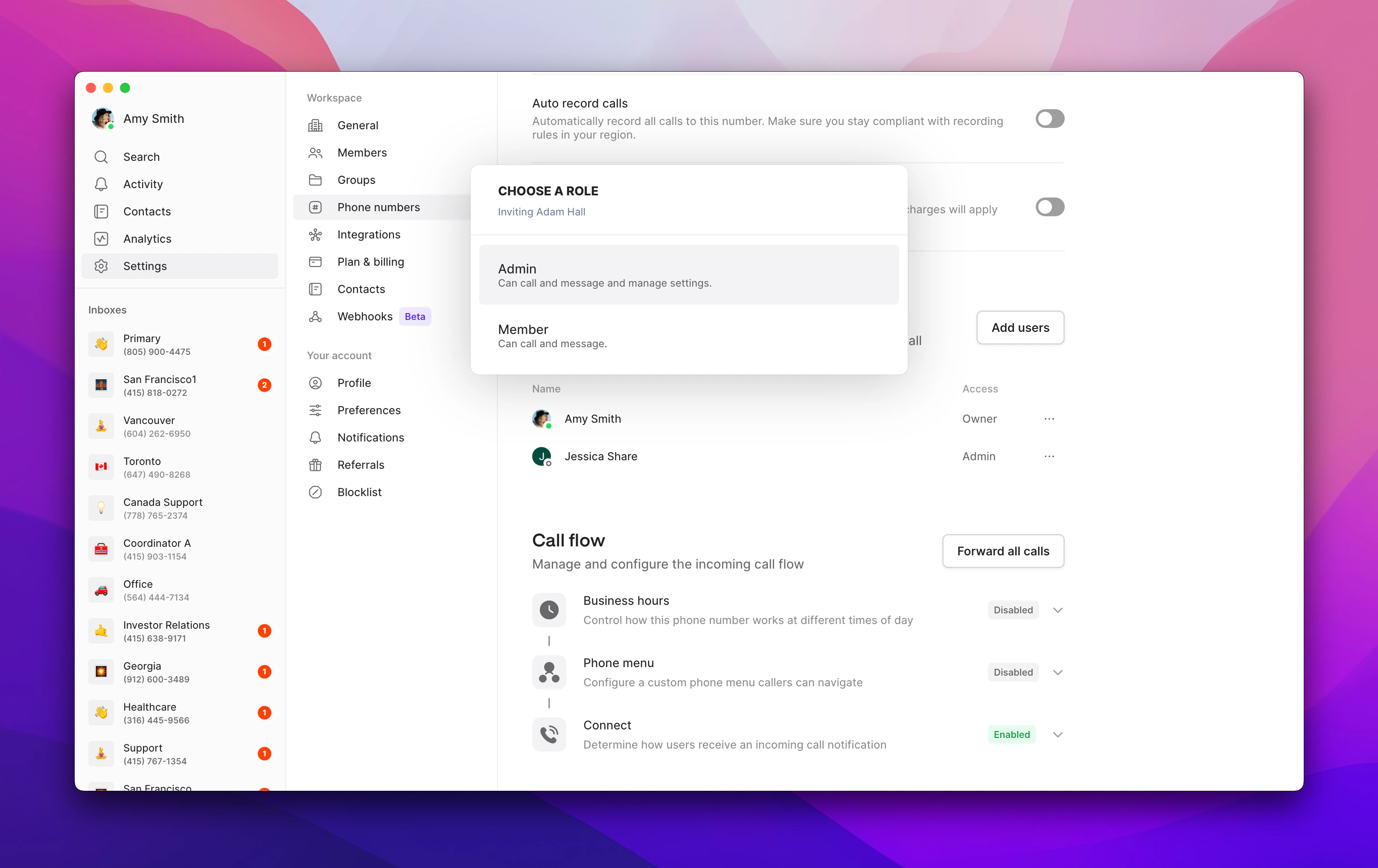 User role selection for shared number access