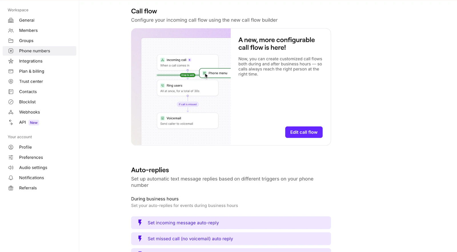 Accessing call flow builder for phone menu setup