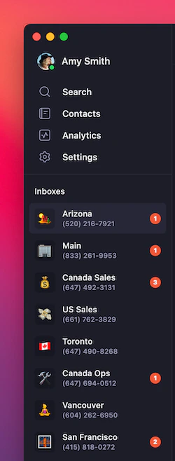 Inboxes section showing multiple phone numbers