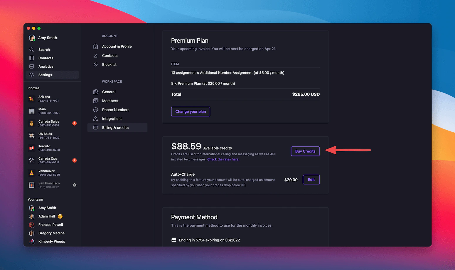 Buying international credits interface