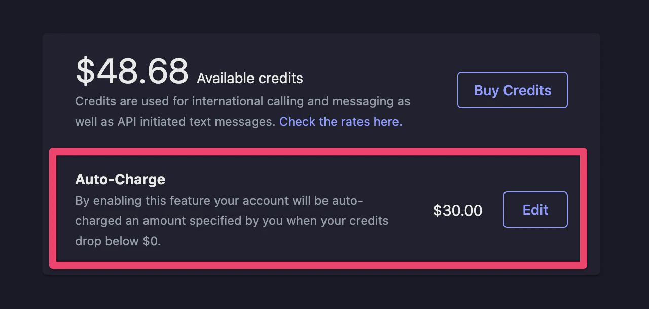 Setting up auto-charge for international credits