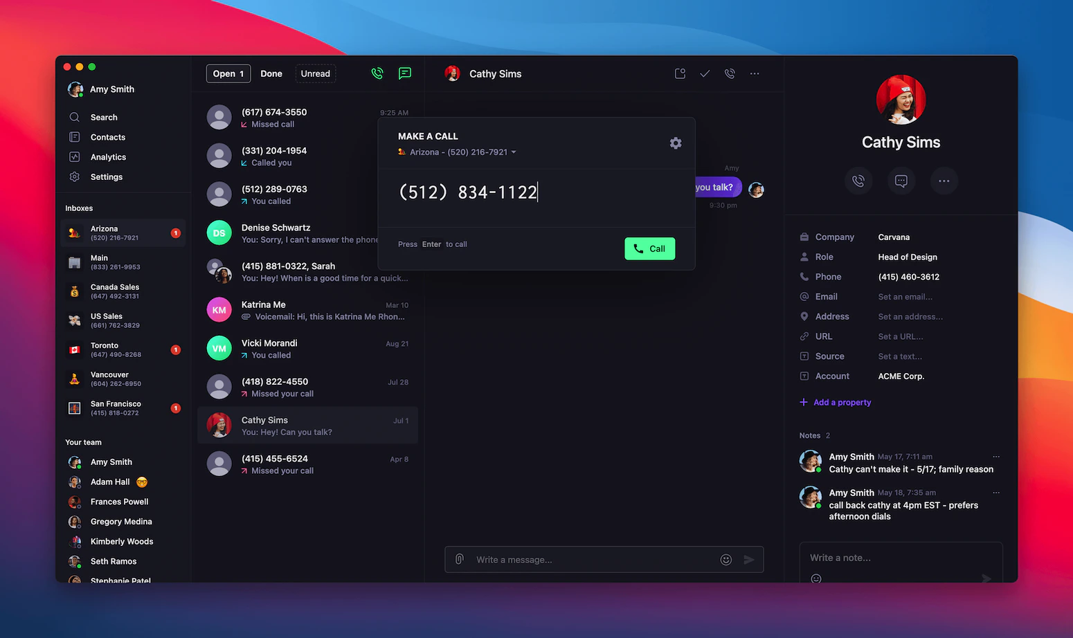 Quo Mac app with click-to-call number populated