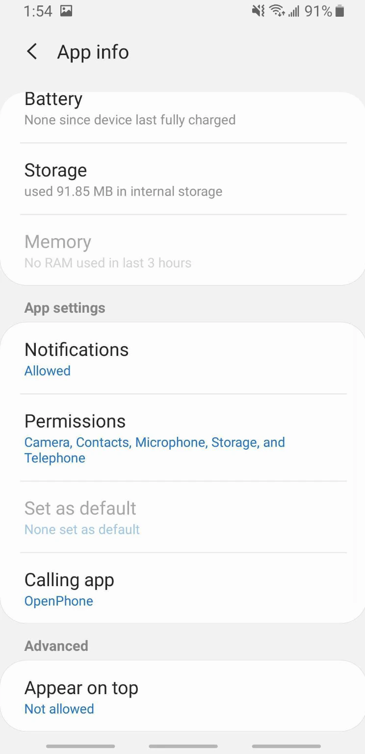 Android app settings for Quo
