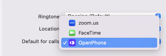Selecting Quo as default calling app in FaceTime settings