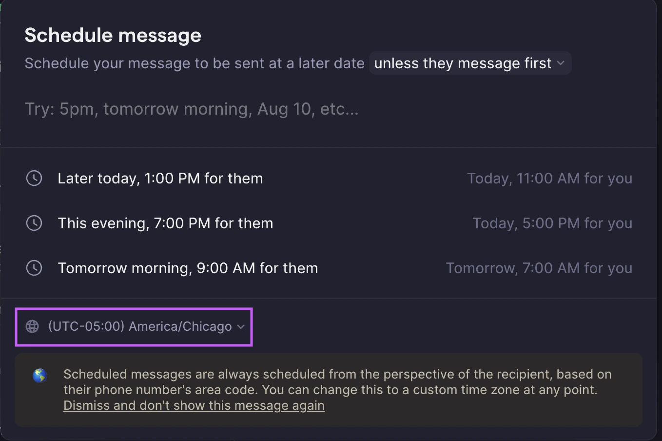 Timezone selection for scheduled messages